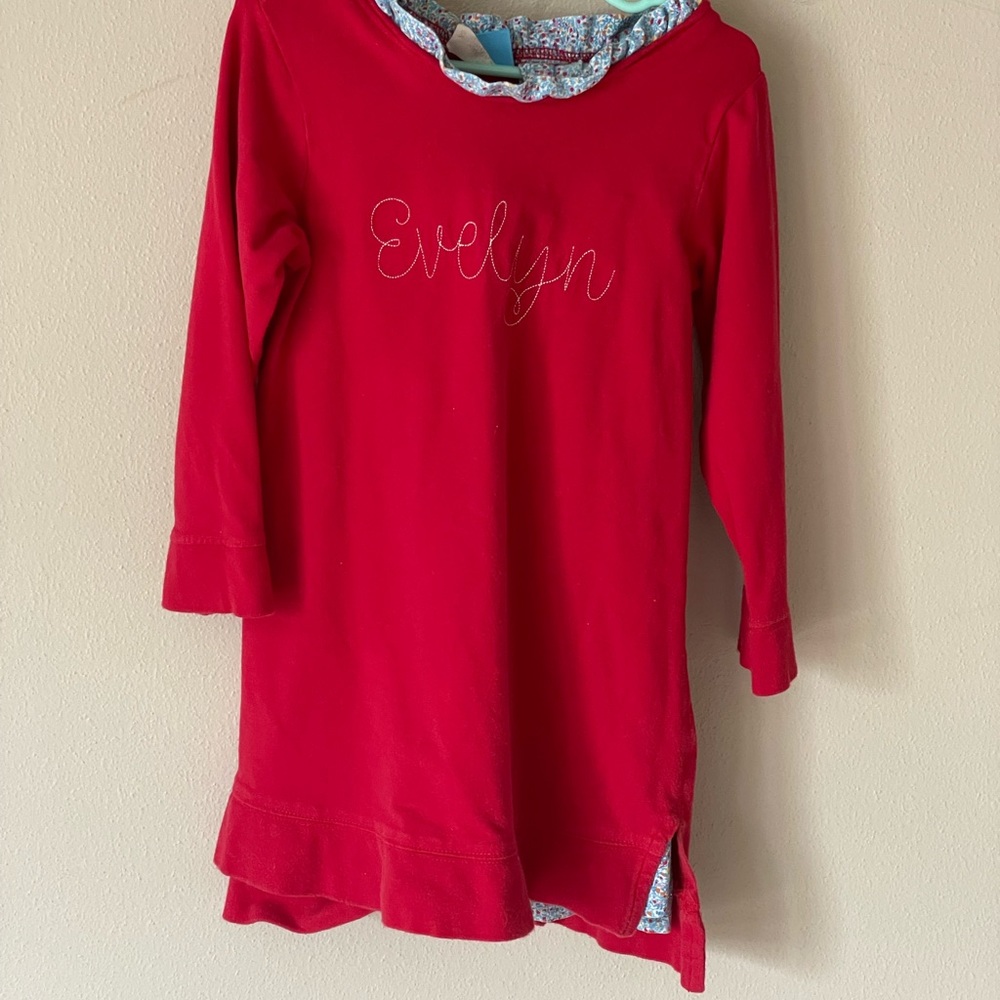 Red “Evelyn” tunic set with floral matching pants